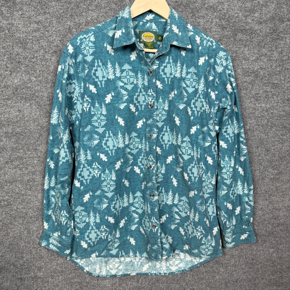 Cabela's Womens Size Medium Shirt Green Flannel Button Up Aztec Leaves Southwest